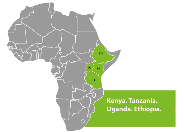Gemba PMS Service Locations: Kenya, Tanzania, Uganda, and Ethiopia. Map illustration showcasing the regions where Gemba PMS operates, spanning across Kenya, Tanzania, Uganda, and Ethiopia for widespread impact and support