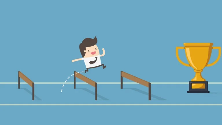 A determined man overcoming hurdles, symbolising the journey towards Operational Excellence. Navigating roadblocks to reach the target with resilience and determination.