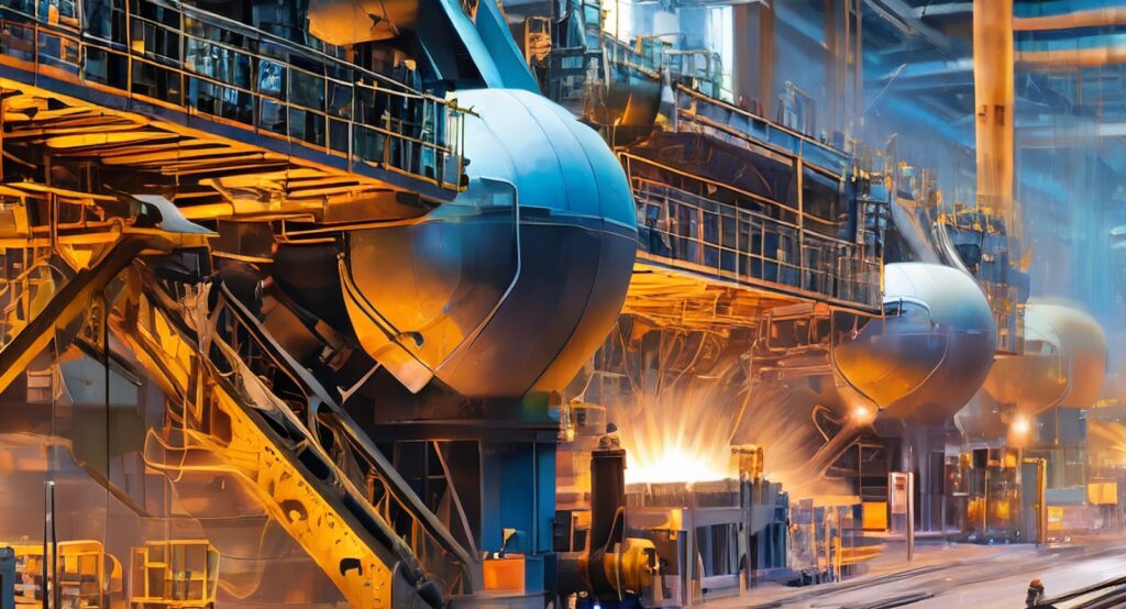 Steel manufacturing plant - key to construction & automotive sectors. Gemba PMS tackles challenges for operational excellence: energy efficiency, environmental impact, and quality control.
